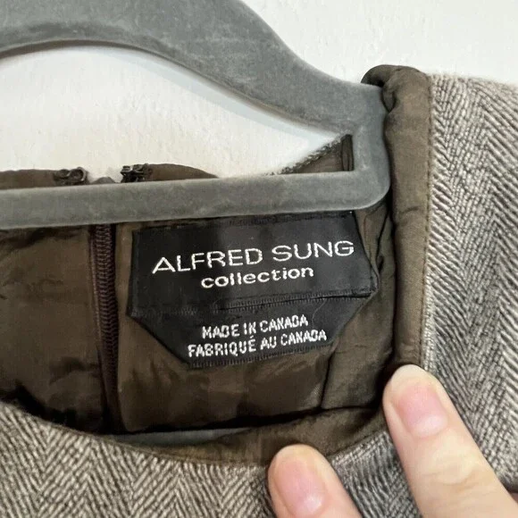 Alfred Sung Sleeveless Shift Dress Pockets Herringbone Style Design Brown Size 6 - Picture 8 of 12